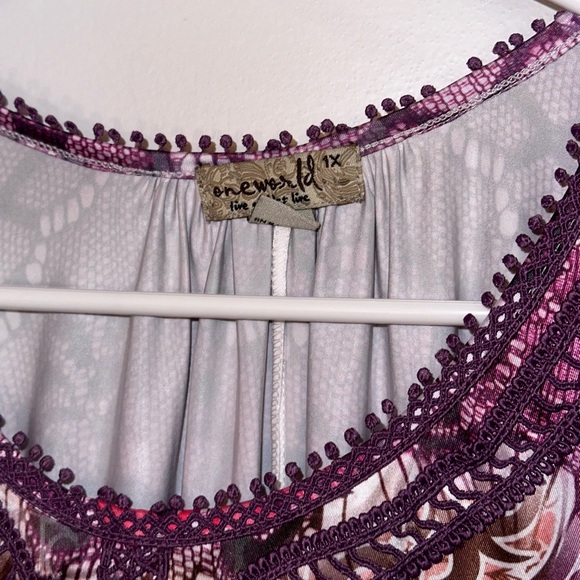 One World Cold Shoulder Top elastic waist crochet details tassels. Size 1X - Picture 4 of 8